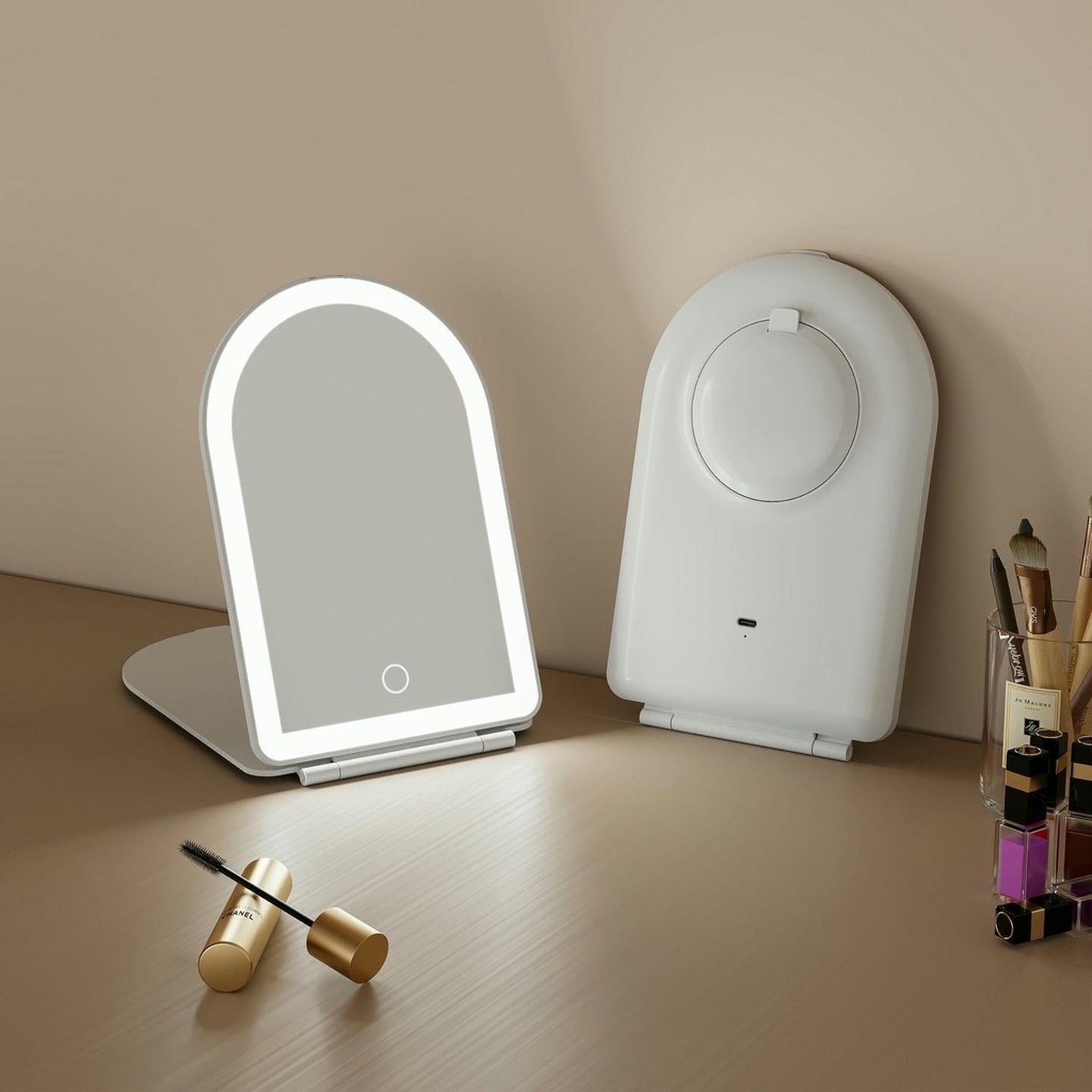ARCHED FOLDING TRAVEL MIRROR WITH LED LIGHTS
