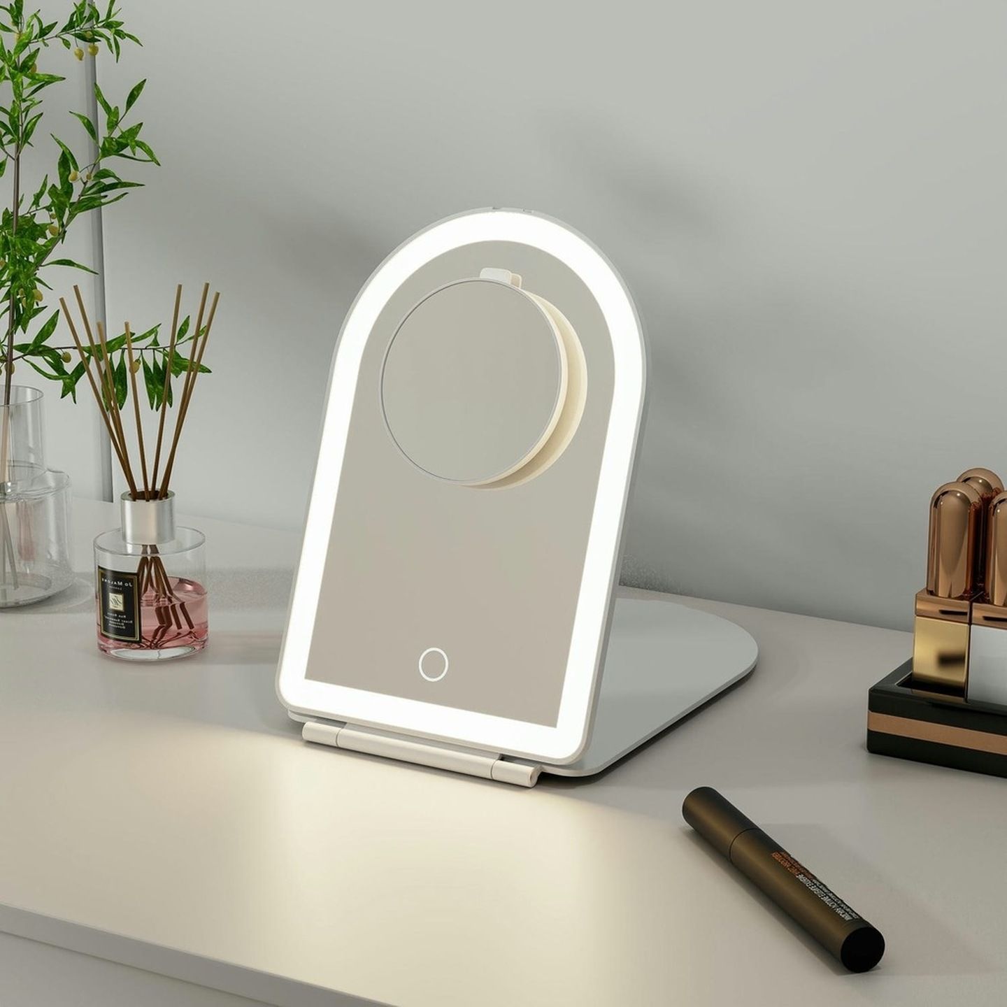 ARCHED FOLDING TRAVEL MIRROR WITH LED LIGHTS